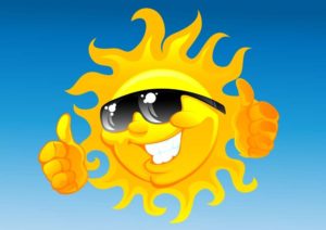 Cartoon sun in sunglasses with bright white smile