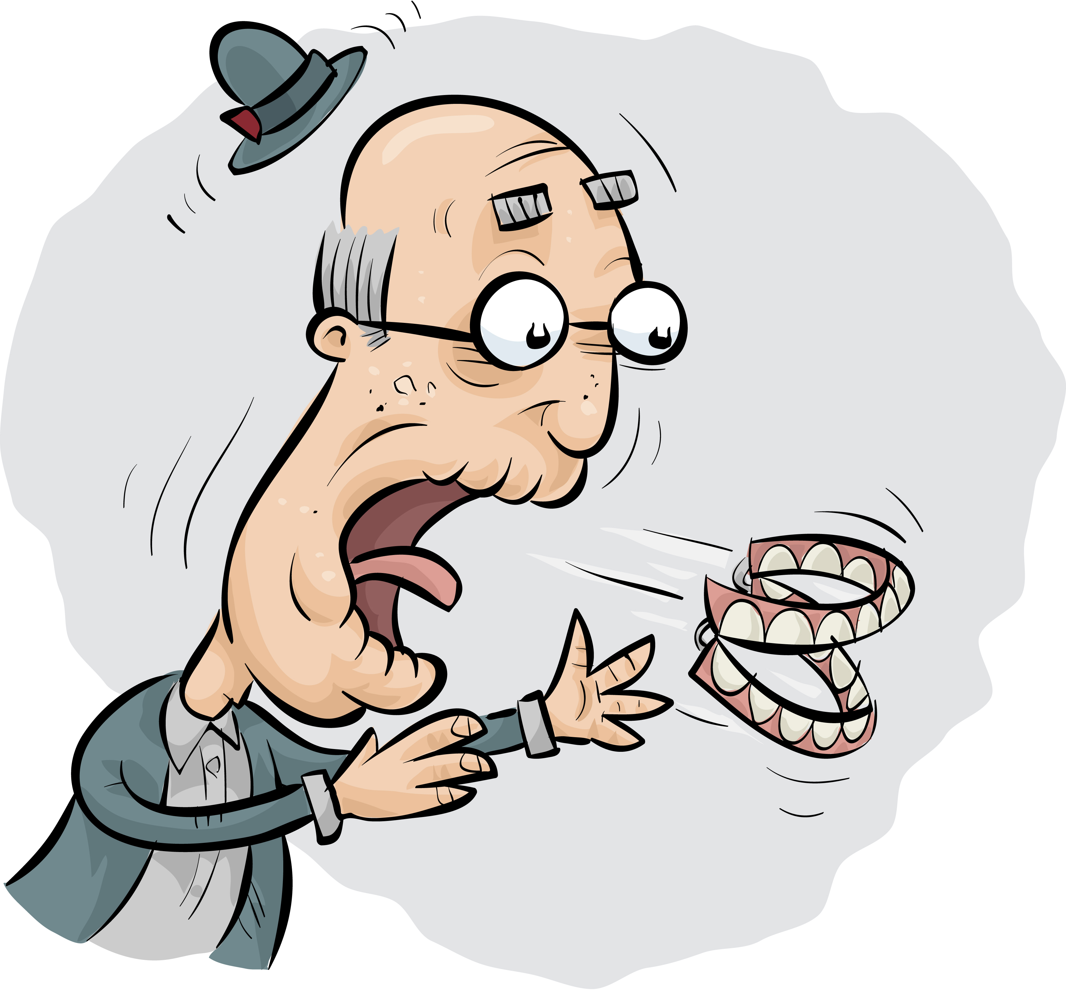Cartoon of elderly man having dentures fly out of his mouth